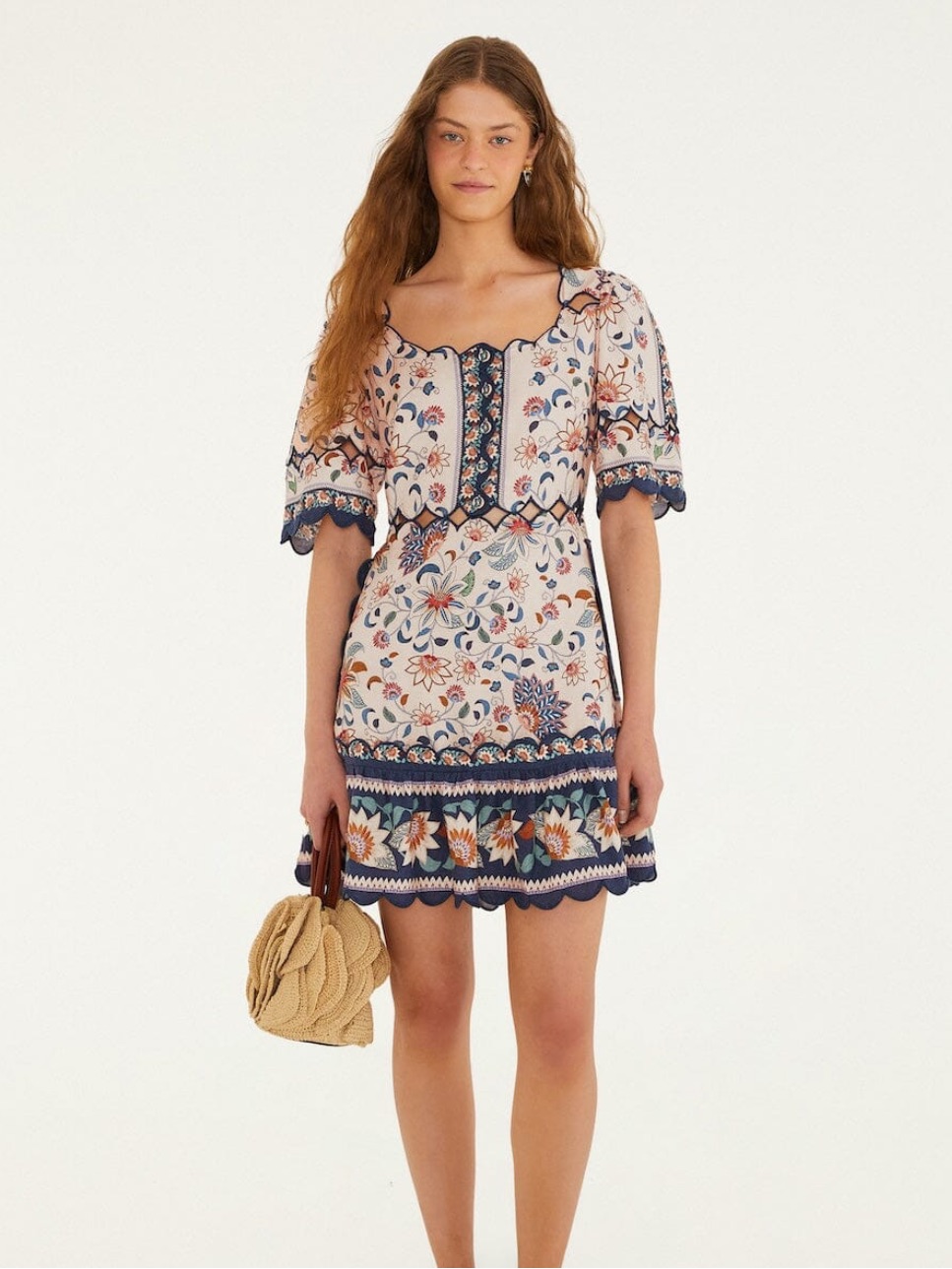 Nwt - Farm Rio Pink Floral Delhi Tapestry Scallop Cut-Out Mini Dress